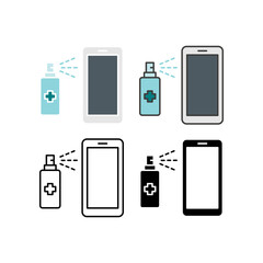Sanitizing your phone for hygiene. Spraying antiseptic for disinfection smartphone. Flat outline icons of sanitizer for disinfection mobile phone. Vector illustration. Design