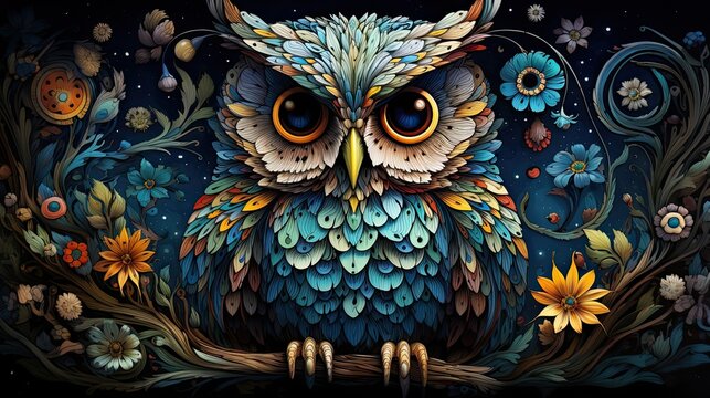 oil-painting of a cute owl in a beautiful magical forest scenery 