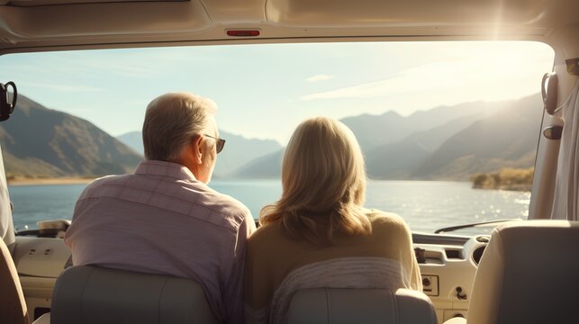 A senior couple enjoying their retirement by traveling in a recreational vehicle (RV). They are seen exploring new places, creating memories, and living their golden years to the fullest.
