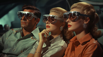 A 1960s-inspired family watching a holographic 3D movie at home, Retrofuturism - obrazy, fototapety, plakaty