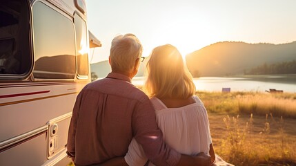 A senior couple enjoying their retirement by traveling in a recreational vehicle (RV). They are seen exploring new places, creating memories, and living their golden years to the fullest. - obrazy, fototapety, plakaty