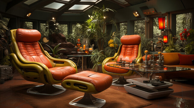 A 1970s-style living room with virtual reality gaming consoles, Retrofuturism