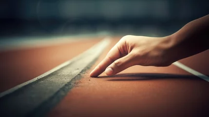 Poster Running track with white lines in stadium. Sport background. Close up of human hand on running track. © Faith Stock