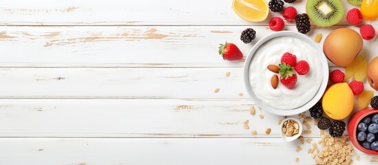 Obraz na płótnie Canvas Top down view of a nutritious breakfast spread on a white wooden table including fruits yogurts oatmeal cereal smoothie bowl toasts and eggs