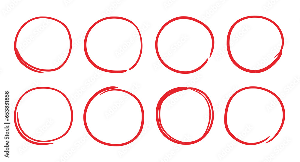 Poster Hand drawn red marker round frame. Hand drawn marker stroke style doodle red circle frame. Scribble round frame for check, text highlight. Grunge scratch style set. Vector illustration