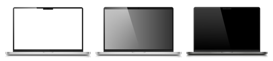 A set of realistic laptop layouts in a silver metal case with reflection. Three laptops with white, gray and black screens on a white background. Vector illustration.