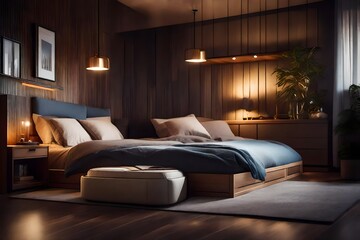 Fototapeta na wymiar Cozy bedroom with innovative under-bed storage solutions