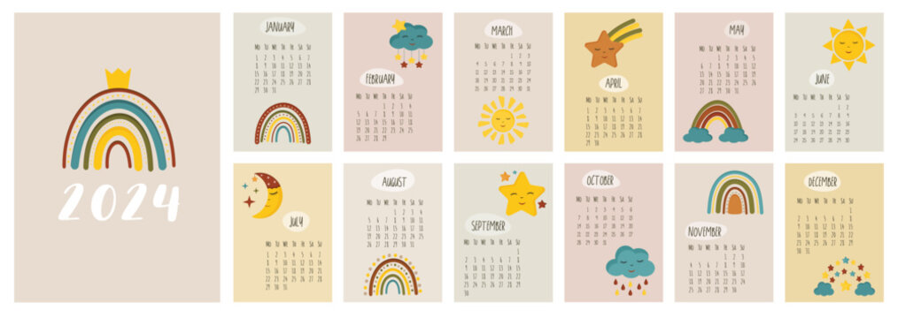 Calendar 2024 template. Monthly calendar 2024 with cute rainbows, stars, moon. Trendy colors, cartoon style. Starts on Monday. A modern calendar for kids. Children cute nursery style. Design Template