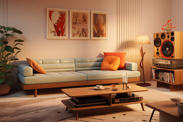 Modern media room, with a low-profile media console, a vintage record player, and a plush sectional sofa