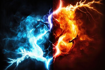 Fiery lightning on a black and blue background. Abstract background