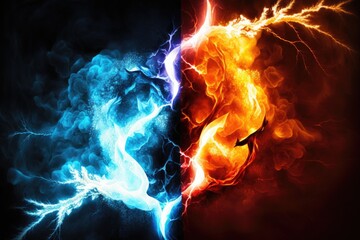 Obraz premium Fiery lightning on a black and blue background. Abstract background