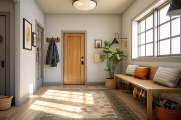 Fototapeta premium Modern mudroom with a built-in wooden storage bench, a row of minimalist coat hooks, a patterned runner rug, and a pair of globe pendant lights illuminate the space