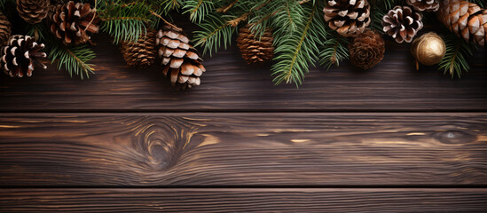 Christmas and New Year decoration composition. Top view of fur - tree branches on wooden background with place for your text - obrazy, fototapety, plakaty