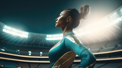 Side view of athlete standing in the empty stadium at night