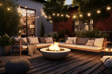 Modern outdoor patio with a built-in concrete bench adorned with vibrant patterned cushions, a low-profile fire pit, and a series of globe string lights illuminating the space