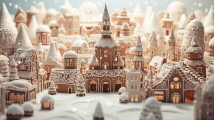 Cozy Christmas gingerbread village town greeting card. Little tiny toy christmas gingerbread village on white snow. Christmas night gingerbread houses on snowy winter light background
