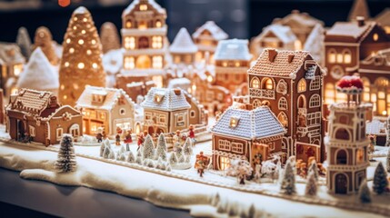 Cozy Christmas gingerbread village town greeting card. Little tiny toy christmas gingerbread village on white snow. Christmas night gingerbread houses on snowy winter light background - Powered by Adobe