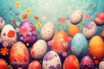 Fototapeta na wymiar Vibrant eggs, lovely spring celebration, lively backdrop, blank flyer, holiday card, festive banner. Generative AI
