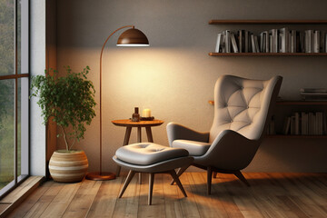 Modern reading room nook with a cozy upholstered armchair, a sculptural floor lamp, and a vintage-inspired bookshelf