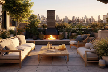 A modern rooftop terrace with a built-in seating area, an outdoor fireplace with a geometric facade, and a mix of potted plants and greenery, create a serene and stylish urban retreat - obrazy, fototapety, plakaty