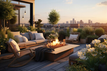 A modern rooftop terrace with a built-in seating area, an outdoor fireplace with a geometric facade, and a mix of potted plants and greenery, create a serene and stylish urban retreat - Powered by Adobe