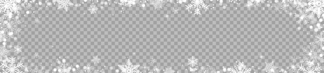 Winter panoramic snow background with snowflakes and sparks. Snowfall on a transparent background. Christmas background. Falling snow. Vector illustration.