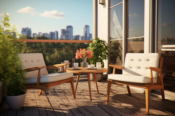 Modern urban terrace, with a compact dining set, Eames-style lounge chairs, and a metal railing planter