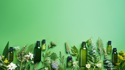 Green essential oil bottles with herbs on green. - obrazy, fototapety, plakaty