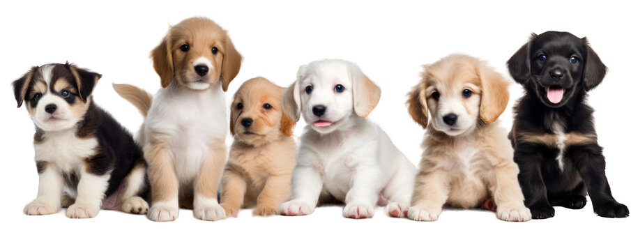Happy smilling dog puppies of different breeds isolated on white background generative ai