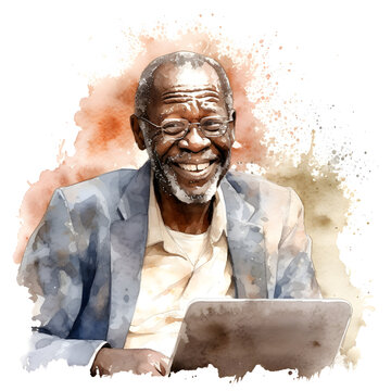 Watercolor And Ink Of A Smiling Older Black Man At Laptop