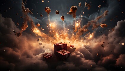 Explosion sending Christmas presents into the air 