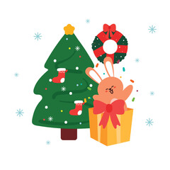hand drawing cartoon bunny with christmas tree and element. cute christmas card