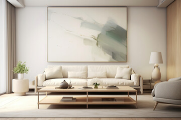 A minimalist living room featuring a low-profile, neutral-colored sofa, a glass coffee table, and a single, large-scale abstract artwork on the wall