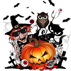 Halloween Kürbis mit Hexe,Katze,Fledermaus & Eule