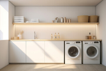 A minimalist laundry room with sleek, white cabinetry, a concealed washer and dryer, and a single open shelf displaying a collection of minimalist storage containers - obrazy, fototapety, plakaty
