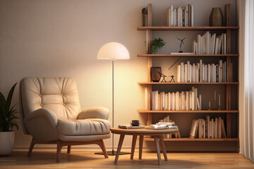 A minimalist Reading nook, with a comfortable armchair, a minimalist bookshelf, and soft ambient lighting