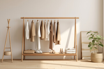 A minimalist Scandinavian dressing room, with a wooden dressing table, neutral-toned clothing racks, and soft cotton hangers