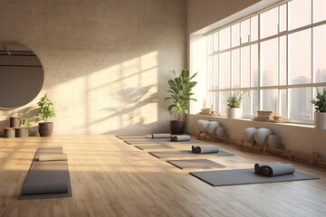 A minimalist Scandinavian yoga studio, with a wooden yoga mat, neutral-toned yoga props, and soft cotton bolsters - obrazy, fototapety, plakaty