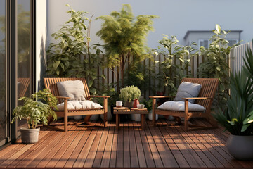Fototapeta premium A Scandinavian outdoor patio, featuring a wooden deck, neutral-toned outdoor furniture, and potted plants