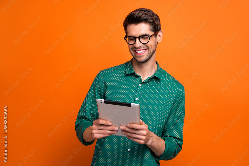 Poster photo of young intelligent businessman browsing tablet device analysis data information news changin