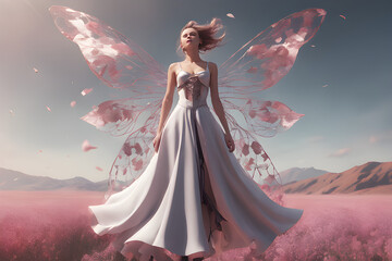 butterfly wings dressed girl - obrazy, fototapety, plakaty
