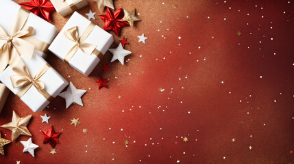 Christmas background with white red gift wrap and festive holiday decorations, top view, - obrazy, fototapety, plakaty