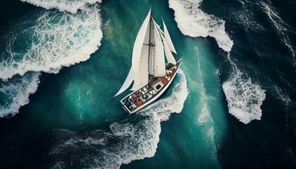 From above view sailing boat on rough sea, background, Ai generated image - obrazy, fototapety, plakaty