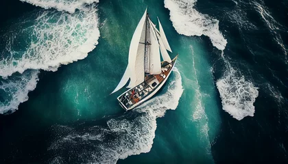 Foto op Plexiglas From above view sailing boat on rough sea, background, Ai generated image © Trendy Three