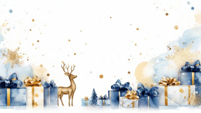 aquarell decorated christmas background with red, white and gold elements on white copy space, snow flakes, gifts, toys, christmas balls,