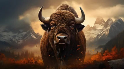 Poster Realistic portrait of an American Bison in the wild © Татьяна Креминская