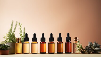 Essential oil bottles lined up with green plants.