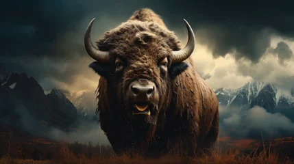 Zelfklevend Fotobehang Realistic portrait of an American Bison in the wild © Татьяна Креминская