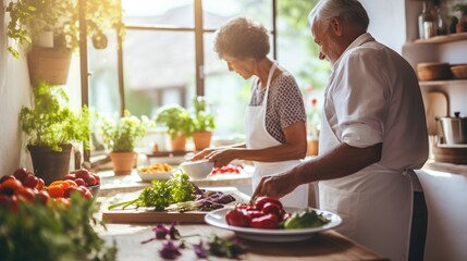 A senior couple is seen participating in a cooking class during their travel. They are joyfully engaged in preparing a meal, showcasing their culinary skills and enjoying their retirement life.