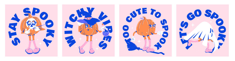 Cute collection of Halloween monochrome posters. Trendy retro groovy style. Funky pumpkin characters. Vector illustration for T-shirt, postcards, posters, flyers